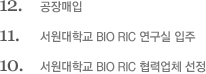 12월 공장매입 / 11월 서원대학교 BIO RIC 연구실 입주 / 10월 서원대학교 BIO RIC 협력업체 선정