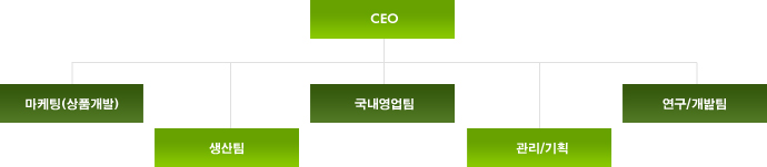 CEO ▶ 마케팅(상품개발), 생산팀, 국내영업팀, 관리/기획, 연구/개발팀